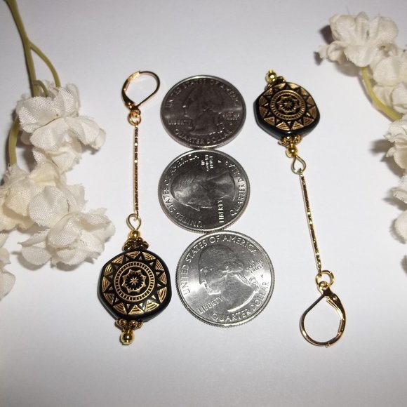 Long Earrings Black & Gold Beaded Tribal Edgy 6409 - Picture 4 of 12